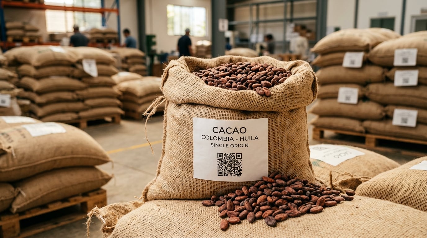 Sacos de yute natural con granos de cacao seleccionados y etiqueta de pasaporte digital QR