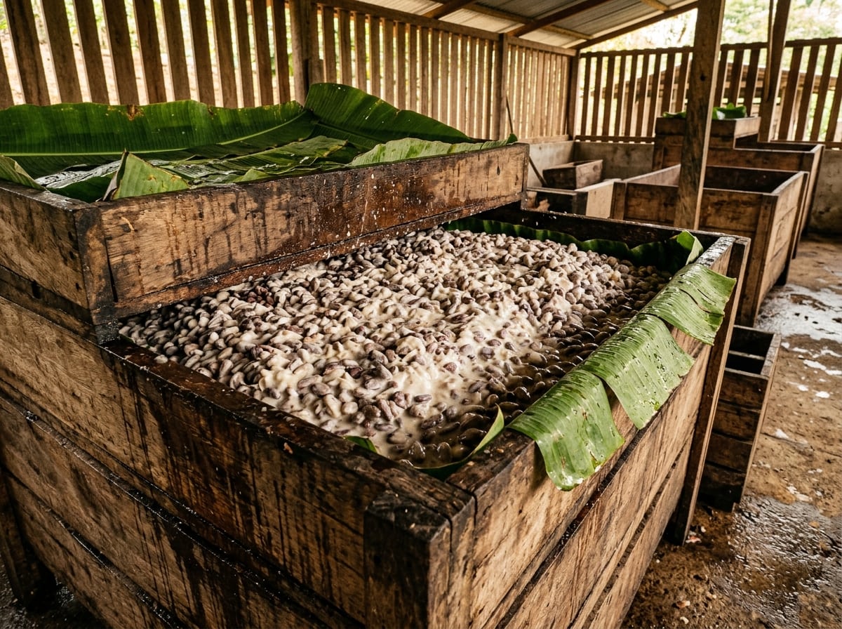 Granos de cacao en fermentación