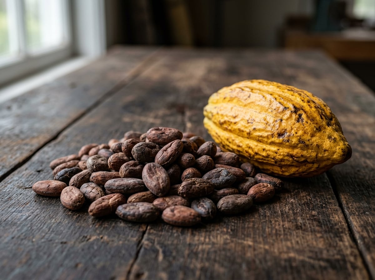 Granos de cacao y fruto premium