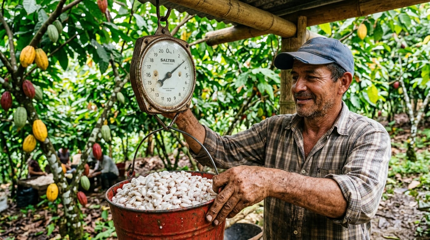 Pesaje artesanal de balde con cacao en baba húmedo en balanza colgante de campo